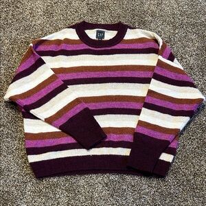 GAP Women’s Crewneck Cropped Sweater - Cream, Purple, Brown Stripes